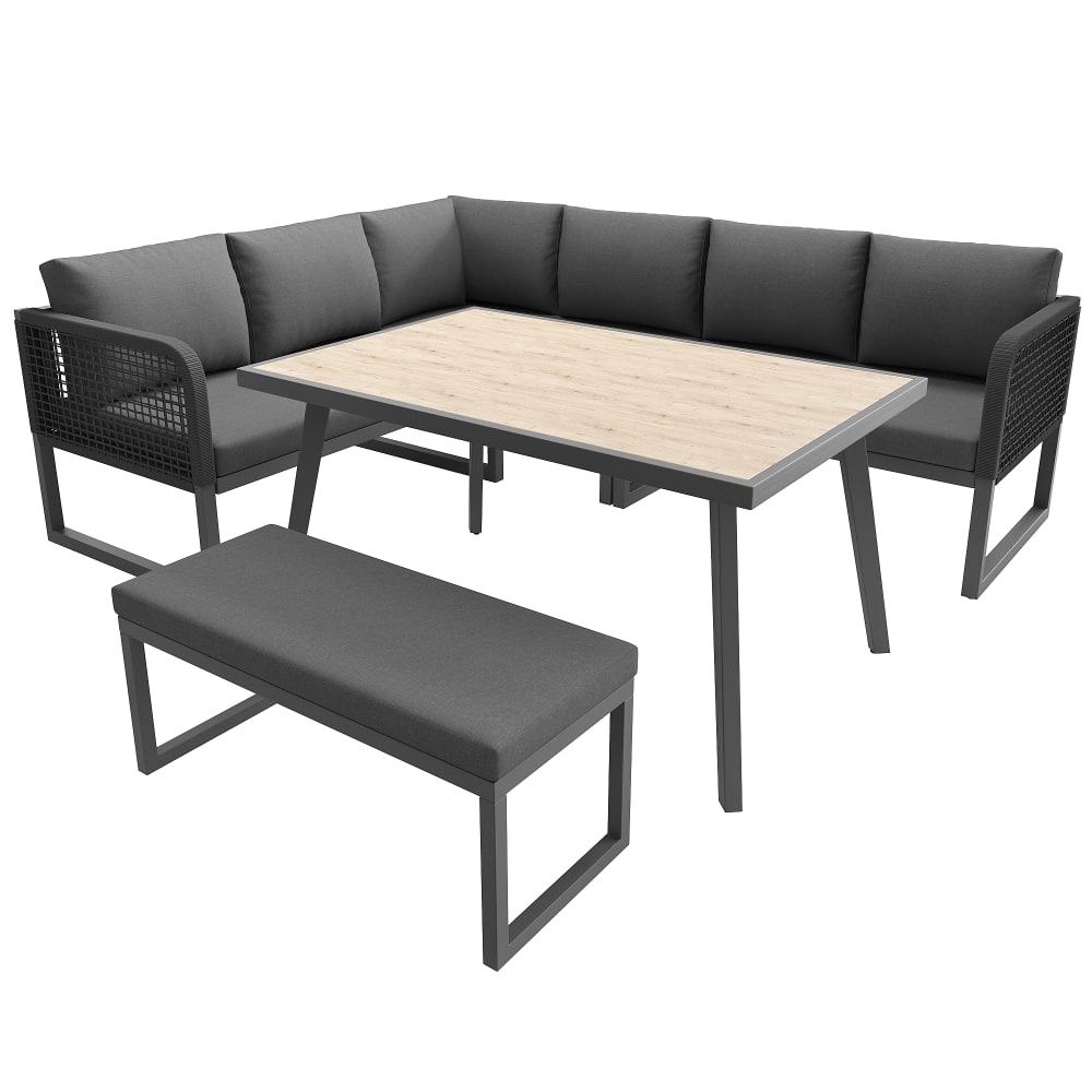 Salon de jardin modulable en rotin PE gris et table et banc, coussins