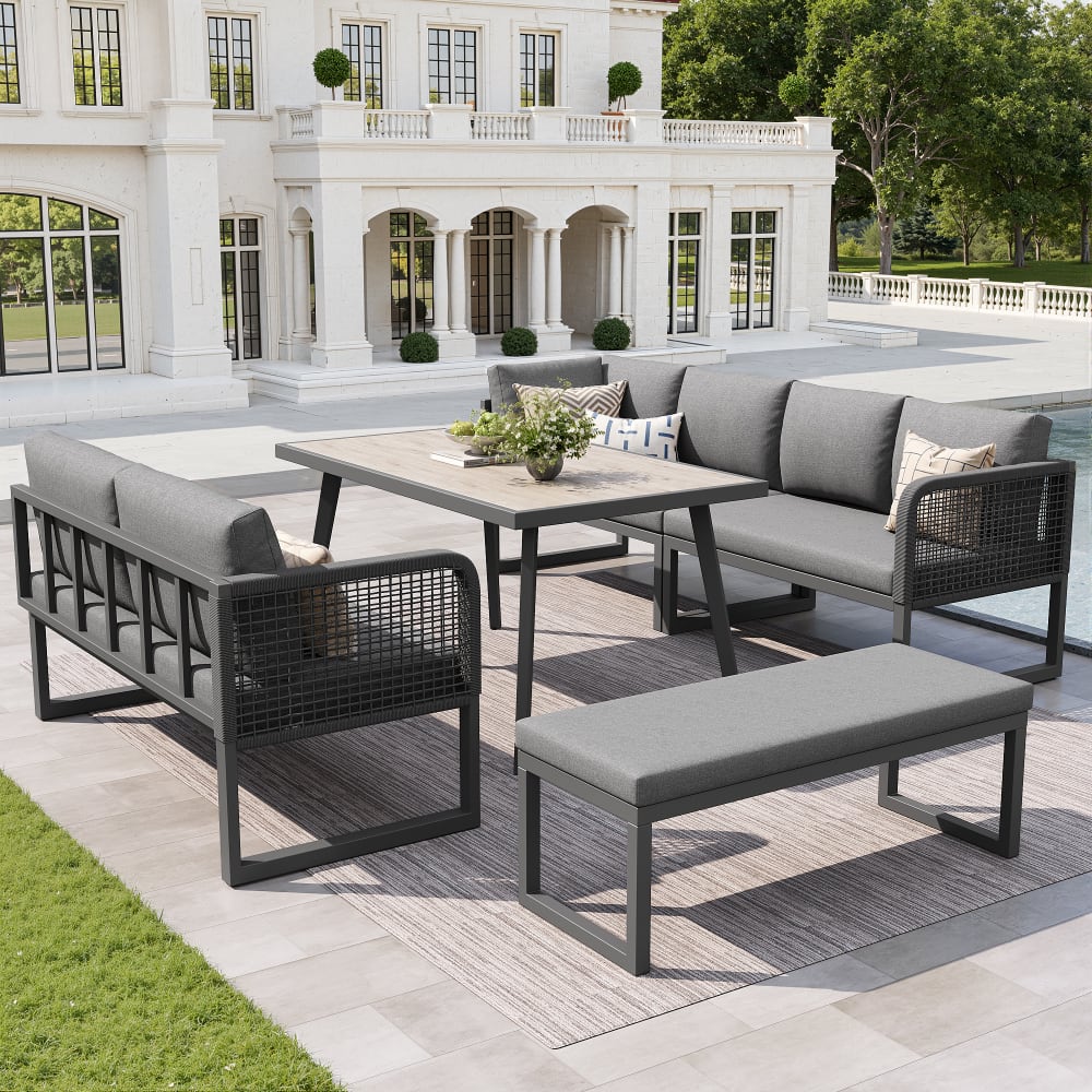 Salon de jardin modulable en rotin PE gris et table et banc, coussins