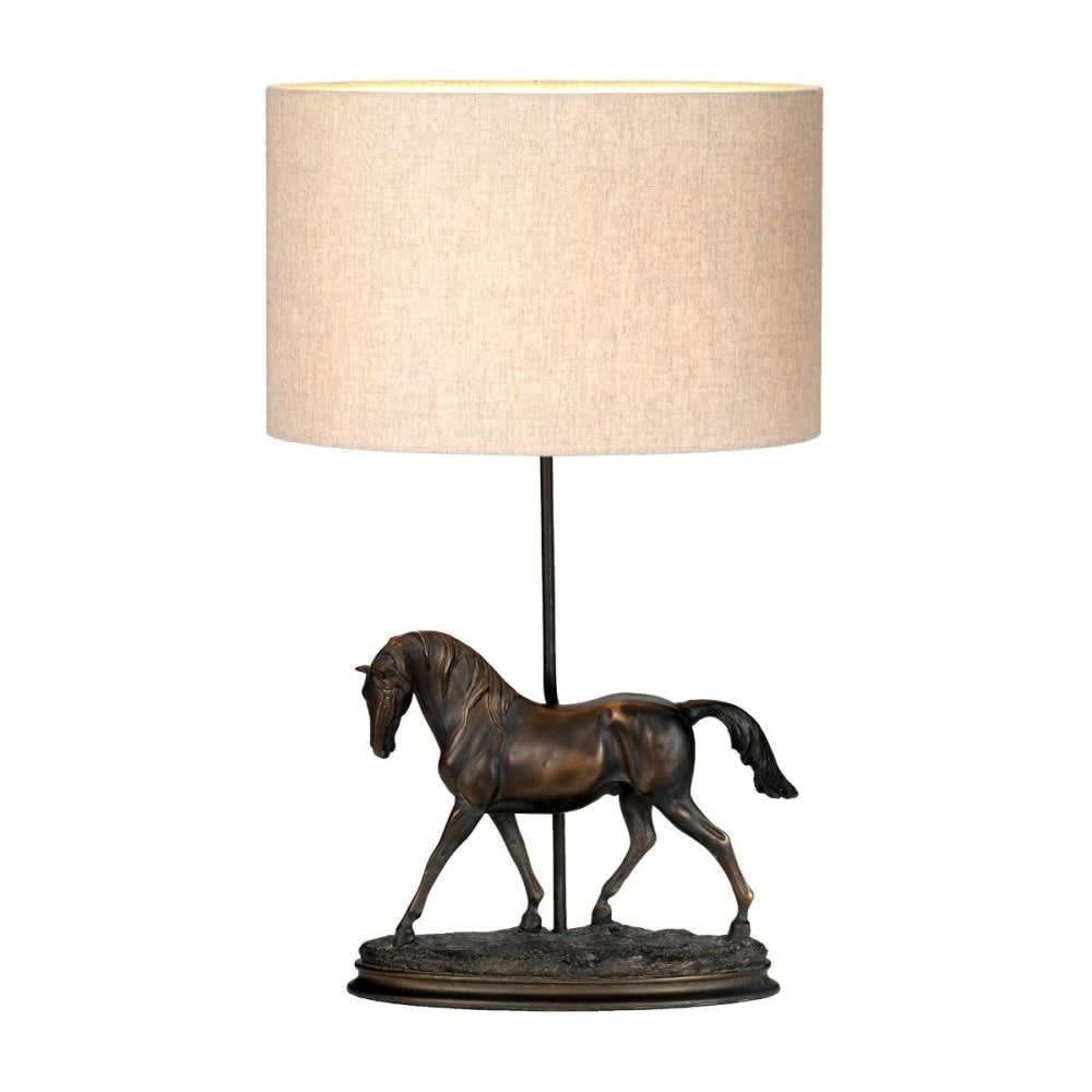 lampara de mesa clasica con estatua de caballo y pantalla cilindrica
