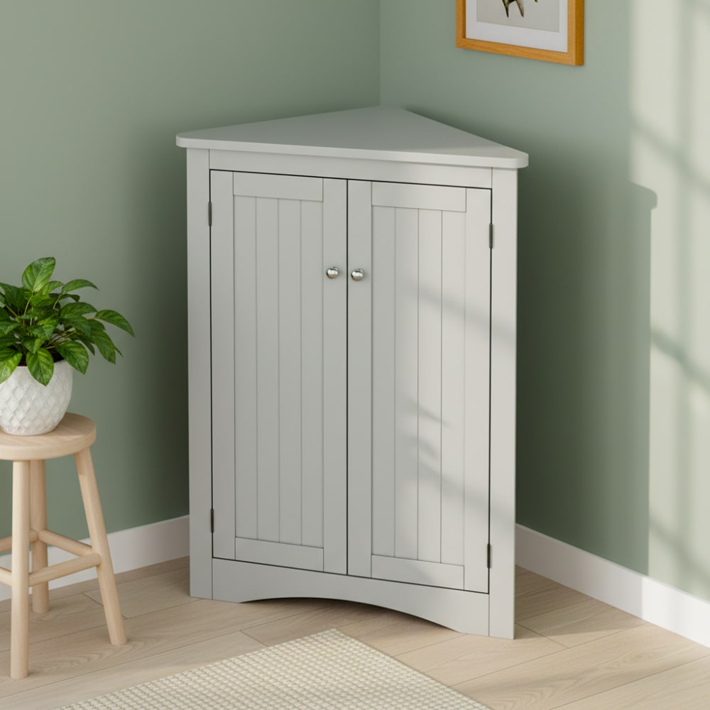 Armoire d’angle grise avec vitrines striées et éclairage LED