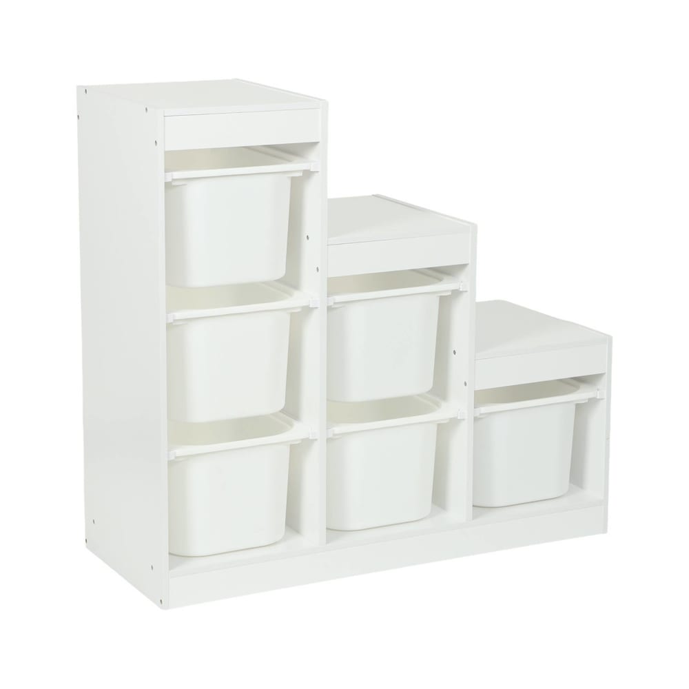 Meuble de rangement enfant escalier 6 bacs décor bois blanc