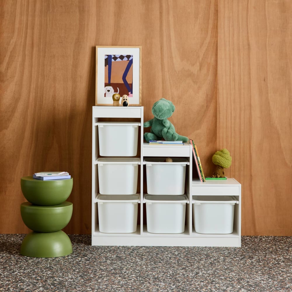 Meuble de rangement enfant escalier 6 bacs décor bois blanc