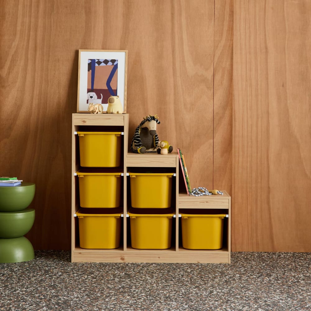 Meuble de rangement enfant escalier 6 bacs naturel et moutarde