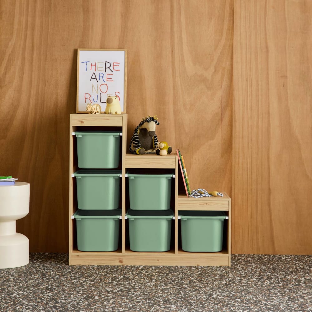Meuble de rangement enfant escalier 6 bacs naturel et vert de gris