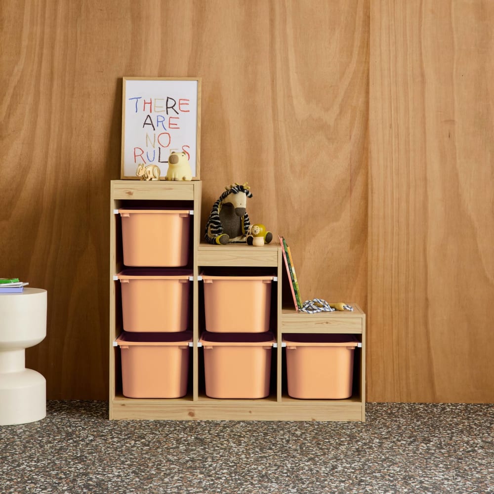 Meuble de rangement enfant escalier 6 bacs naturel et pêche