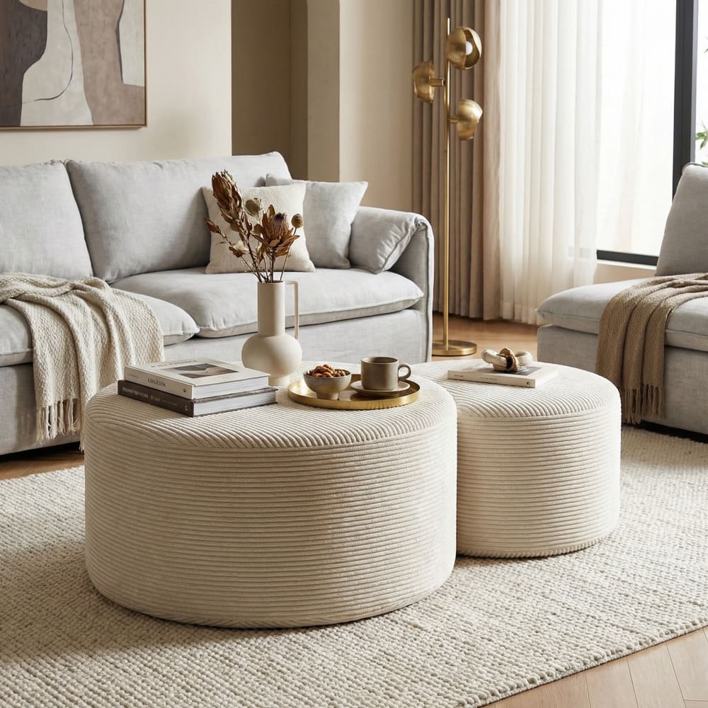 Set aus 2 Runden Couchtischen mit Stoffbezug, Beige - Maisons Du