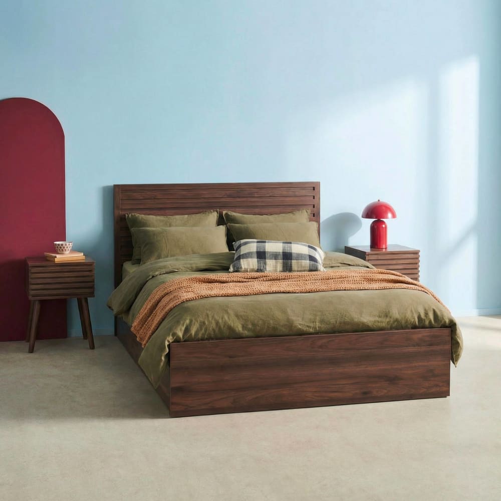 Lit coffre tête de lit 140x190cm décor bois noyer