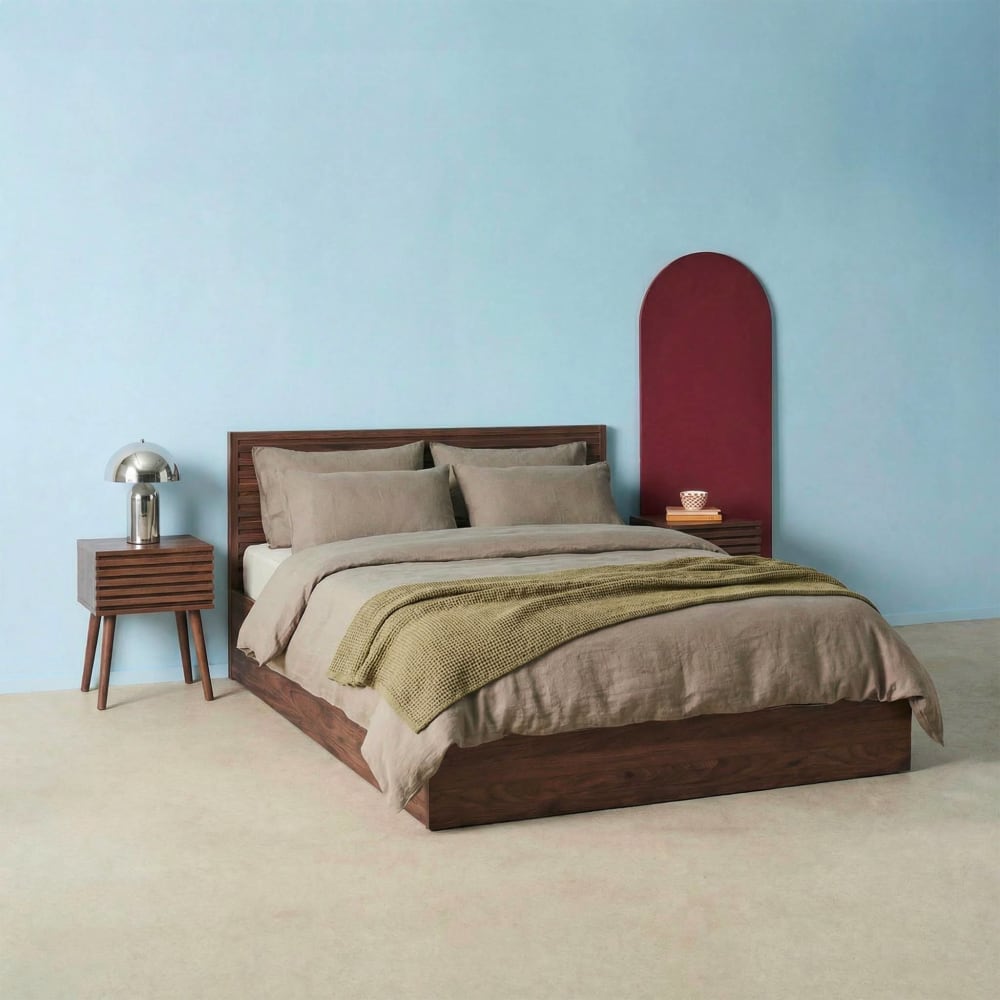 Lit coffre tête de lit 160x200cm décor bois noyer