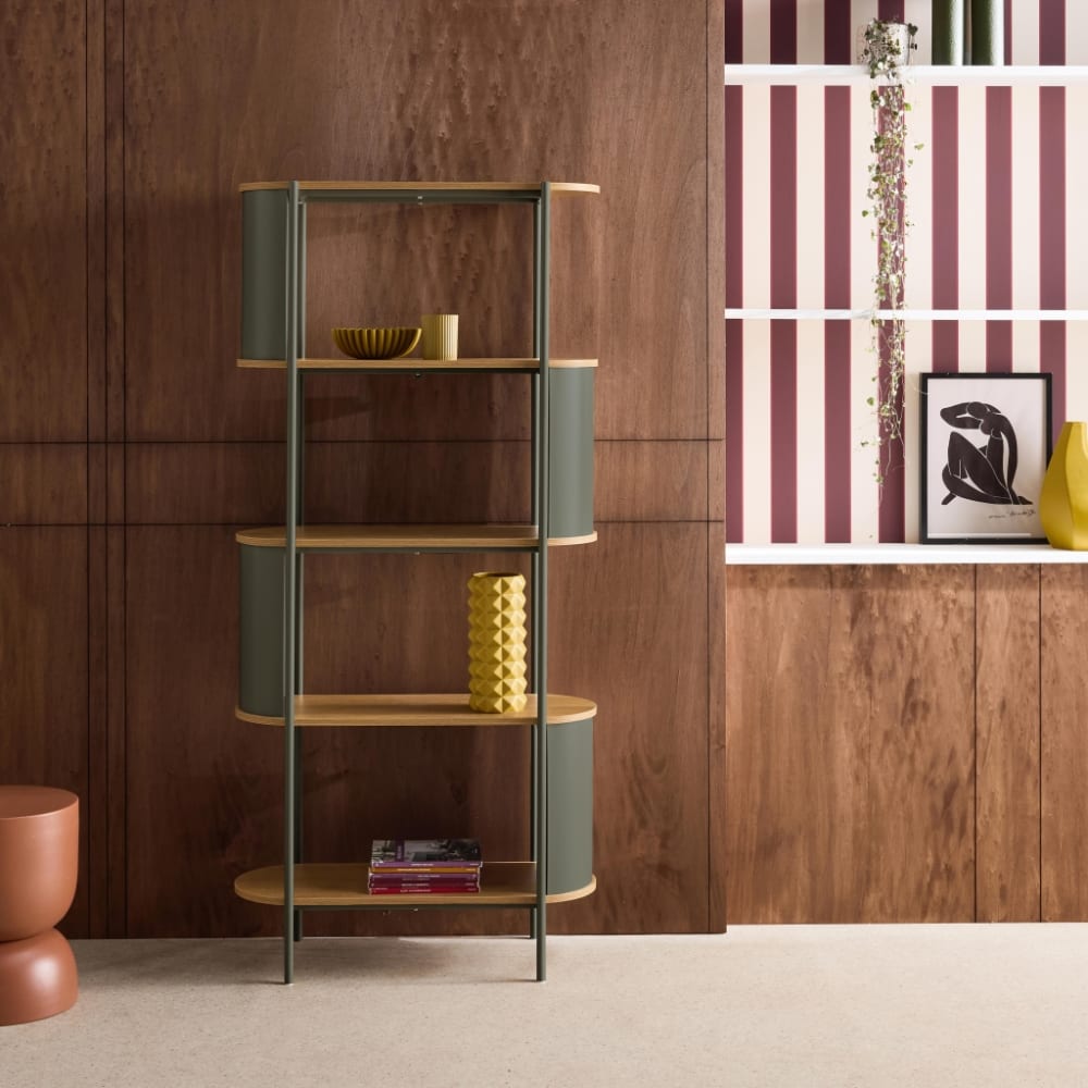 sweeek Bücherregal Metall mit Holzdekor, 5 Ebenen, grün style modern - Spanplatte