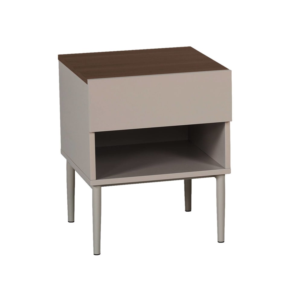 Table de chevet métal et décor bois gris et noyer