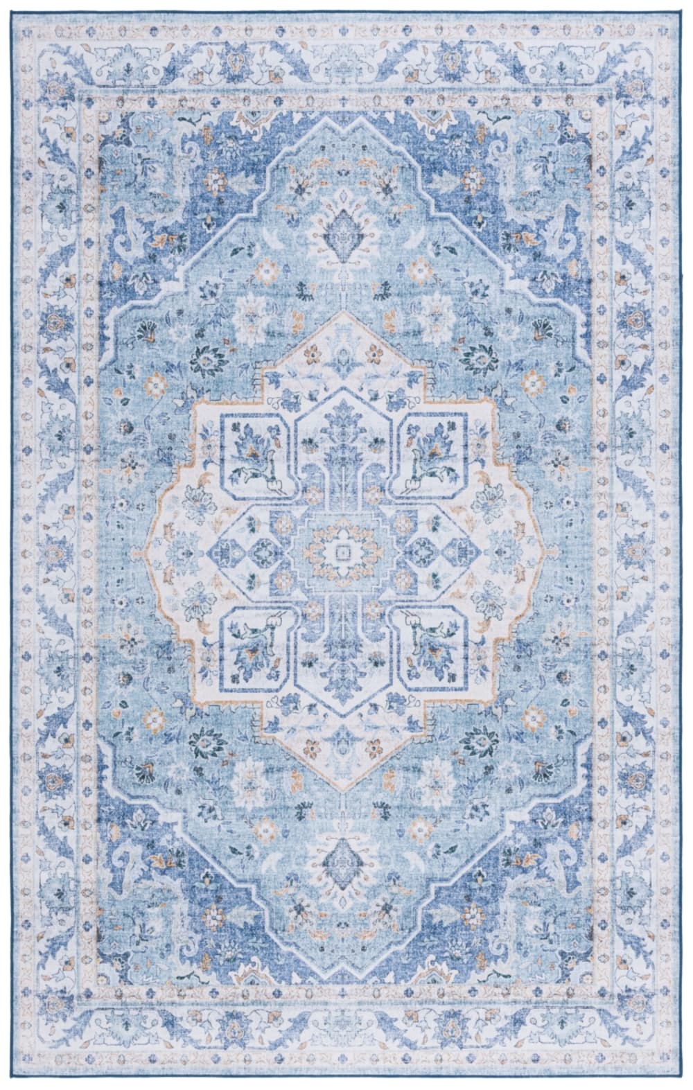 Tapis traditionnel en polyester bleu, 91 x 152 cm