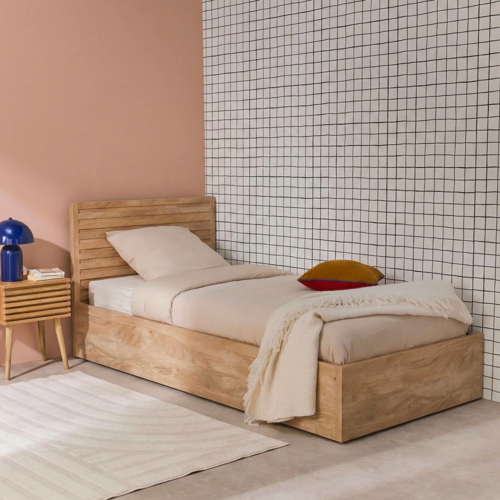 Lit coffre tête de lit 90x190cm décor bois naturel