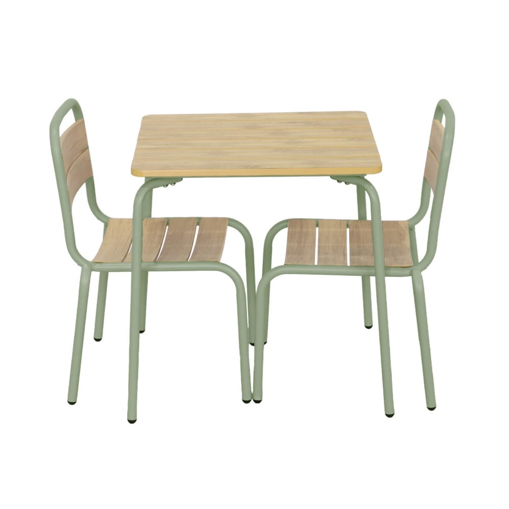 Table de jardin enfant acier et décor bois + 2 assises vert de gris