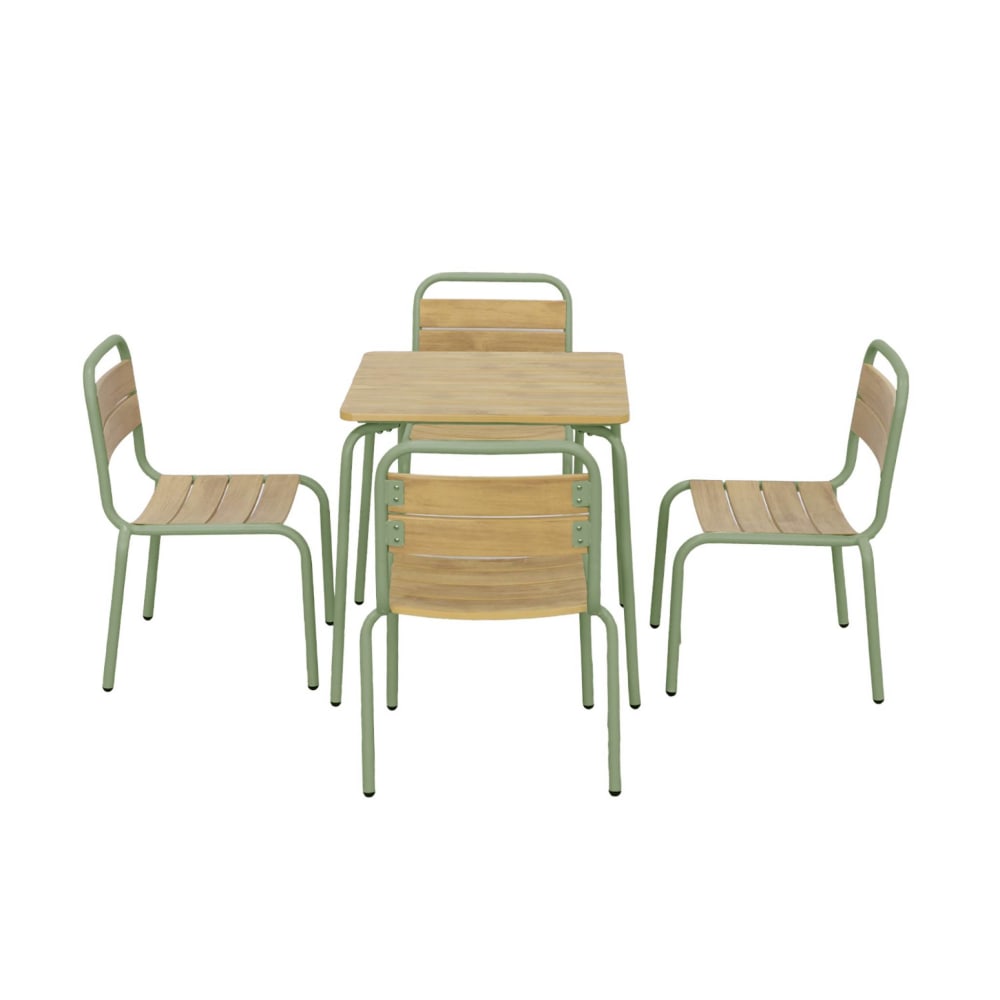 Table de jardin enfant acier et décor bois + 4 assises vert de gris