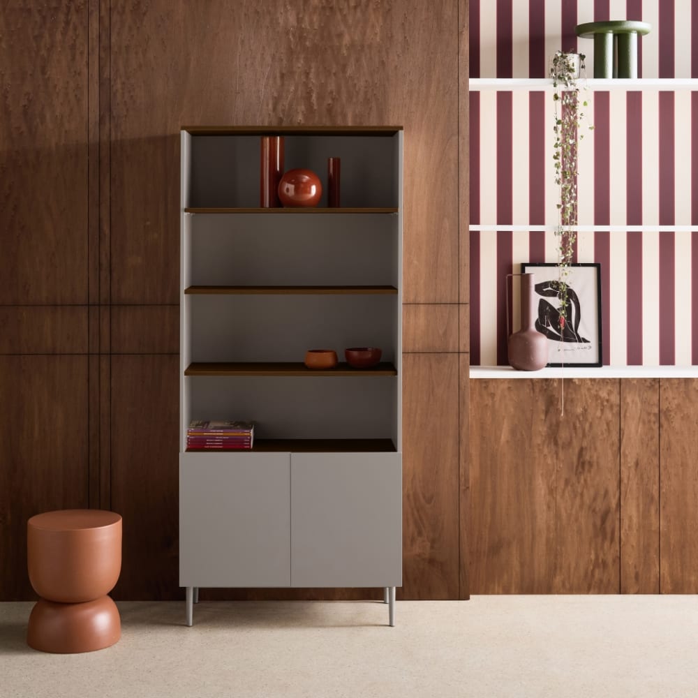sweeek Regal, Bücherregal Metall und Holzdekor in grau und nussbaumfarben style modern - Metall