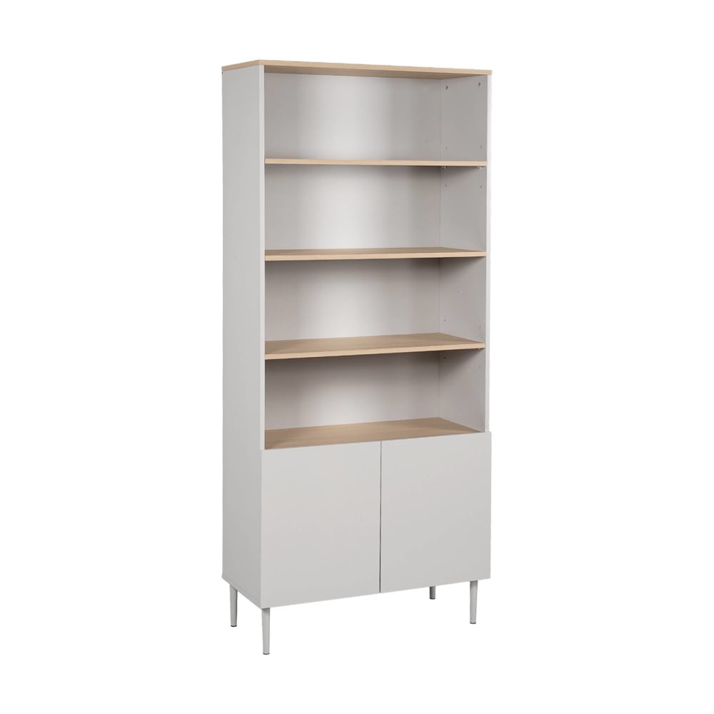 Regal, Metallbibliothek und Holzdekor in beige und naturfarben -