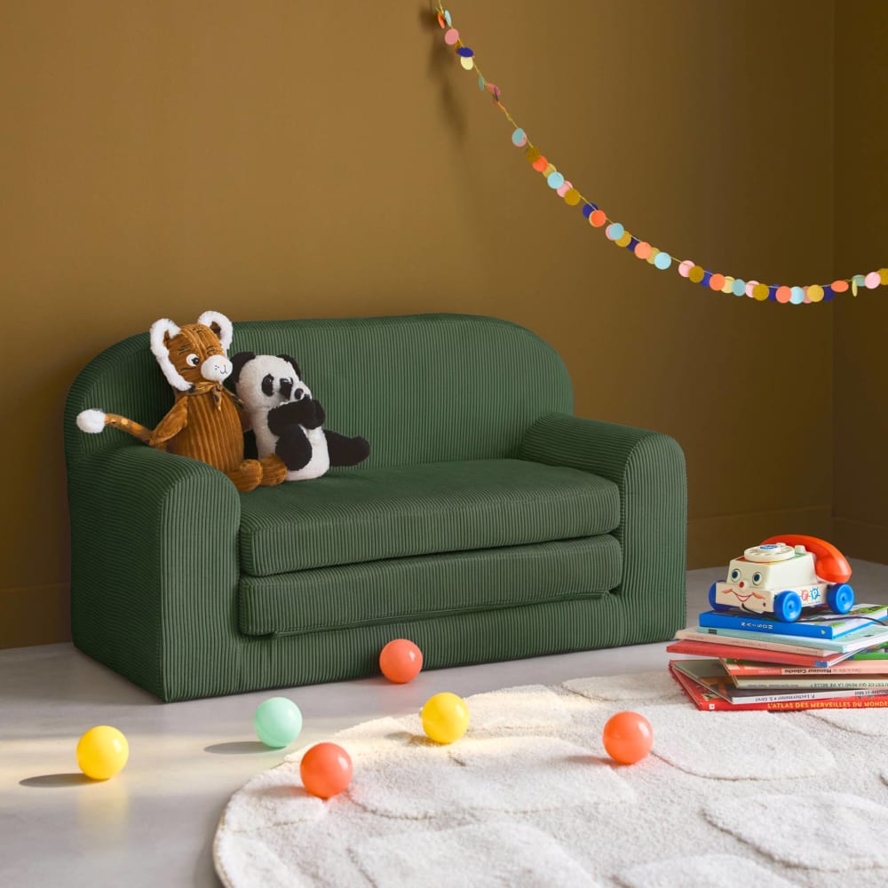 Canapé lit enfant en velours côtelé dépliable, kaki