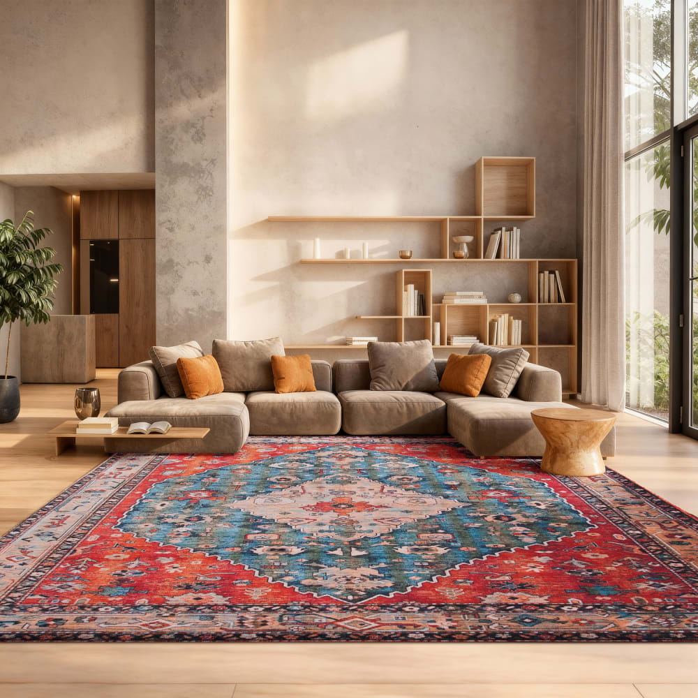 Tapis géométrique en polyester beige/bleu, 152 x 244 cm — vue 3