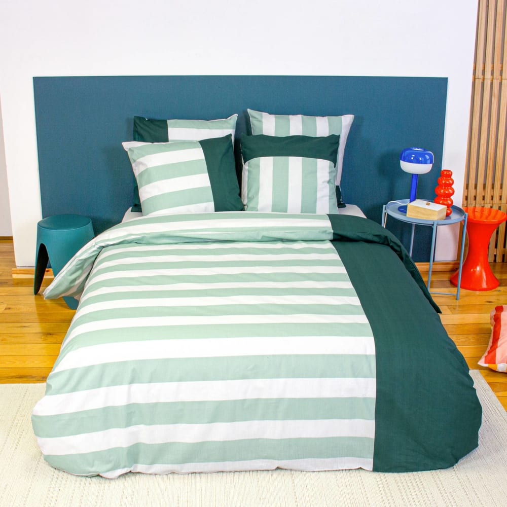 Parure de lit coton motifs rayures blanc et vert 260 x 240cm