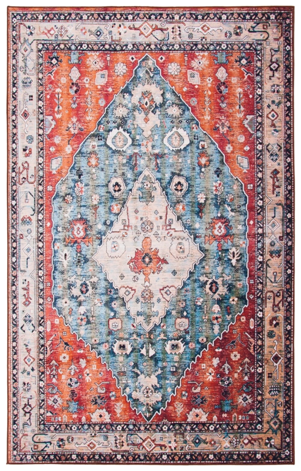 Tapis géométrique en polyester beige/bleu, 122 x 183 cm