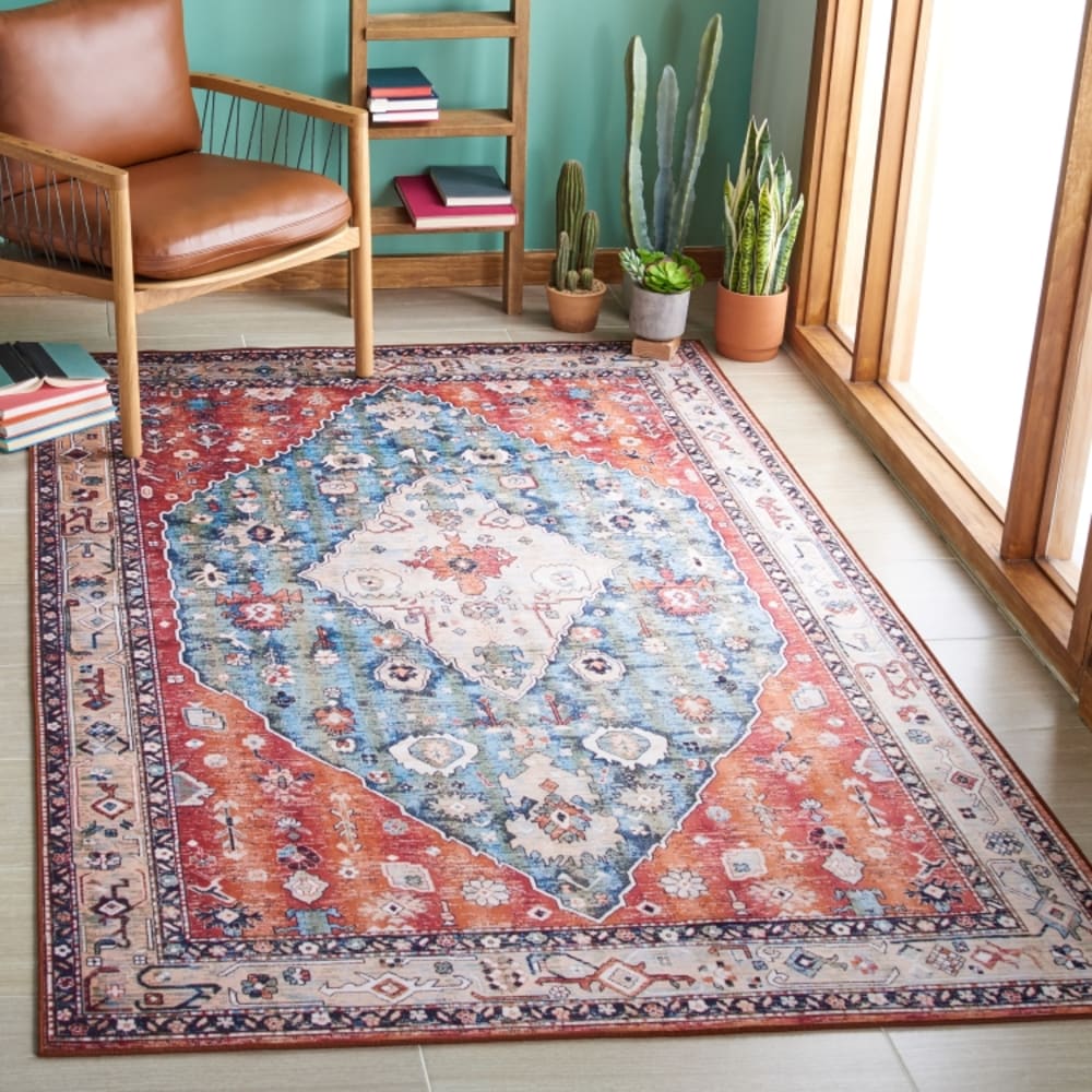 Tapis géométrique en polyester beige/bleu, 122 x 183 cm — vue 3