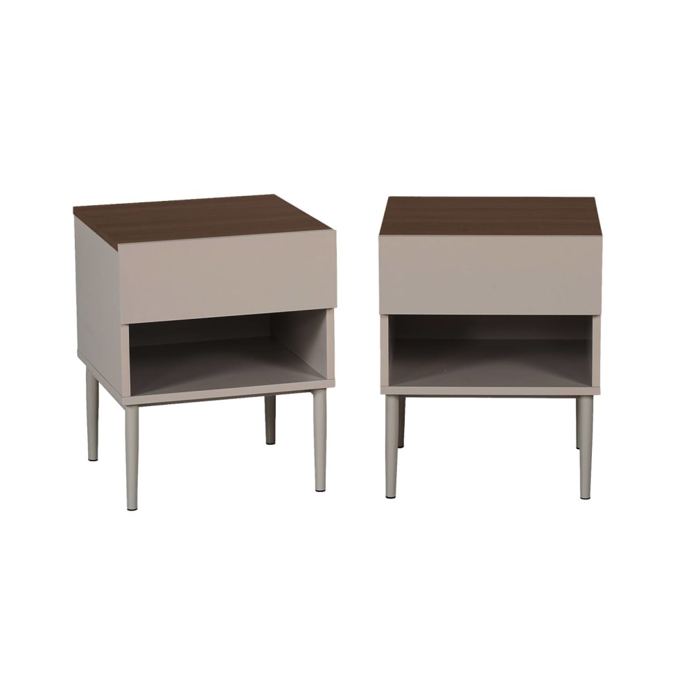 Lot de deux tables de chevet métal et décor bois gris et noyer