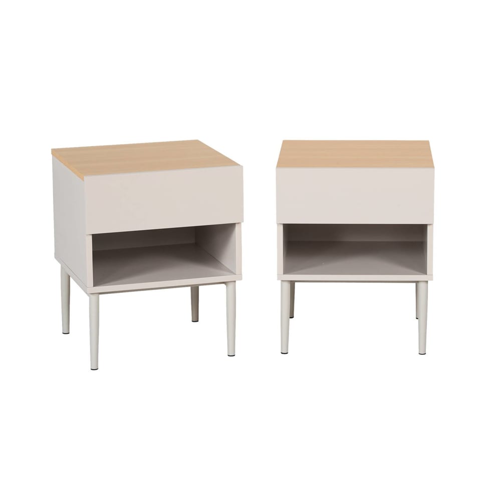 Lot de deux tables de chevet métal et décor bois beige et naturel