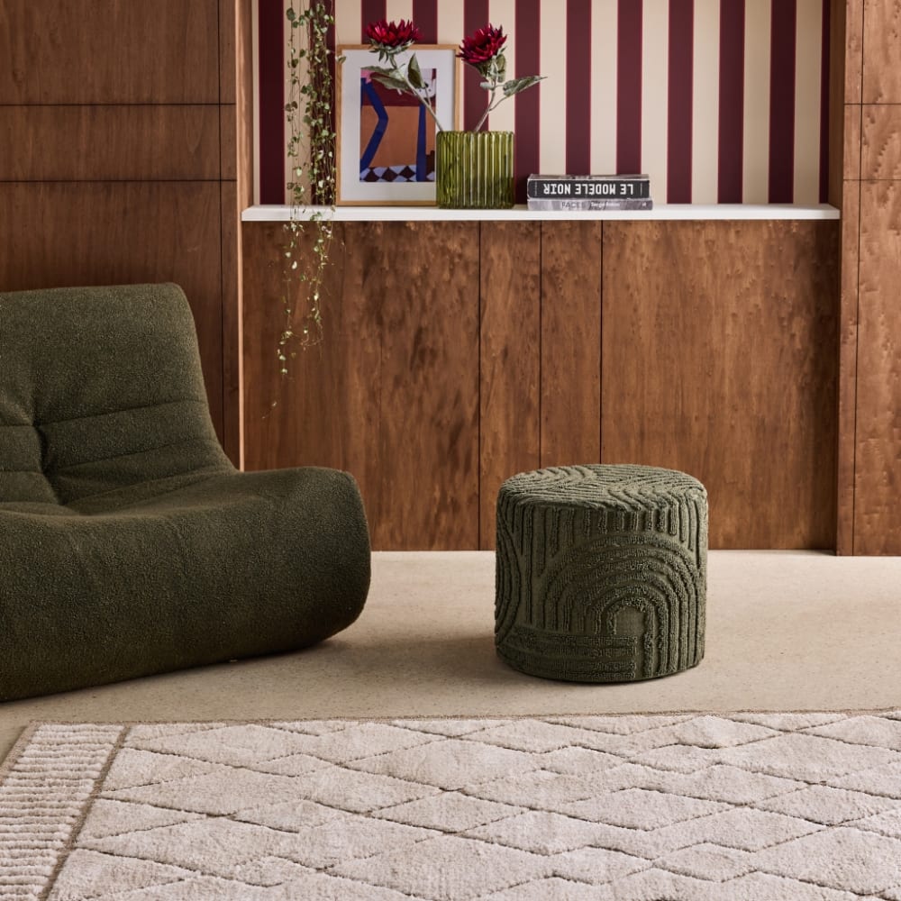 Pouf rond bouclette tuftée kaki d43 x h 37cm