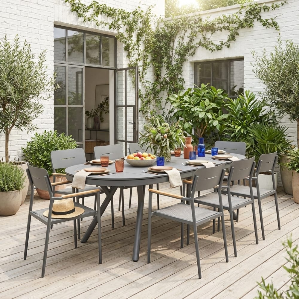 Table de jardin ovale extensible aluminium + 8 assises anthracite