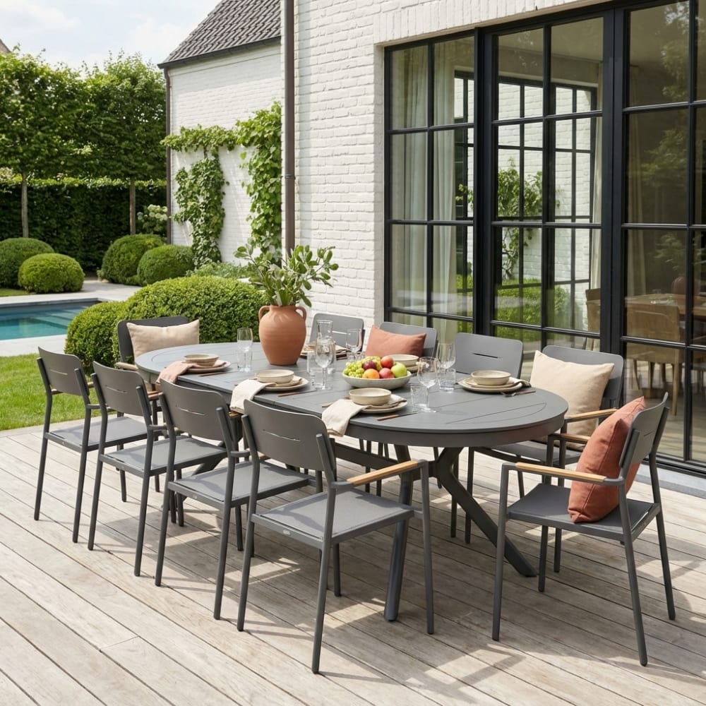 Table de jardin ovale extensible alumnium + 10 assises anthracite