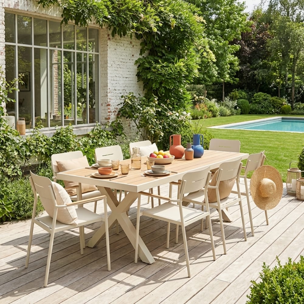 Table de jardin aluminium pieds en croix + 8 assises beige