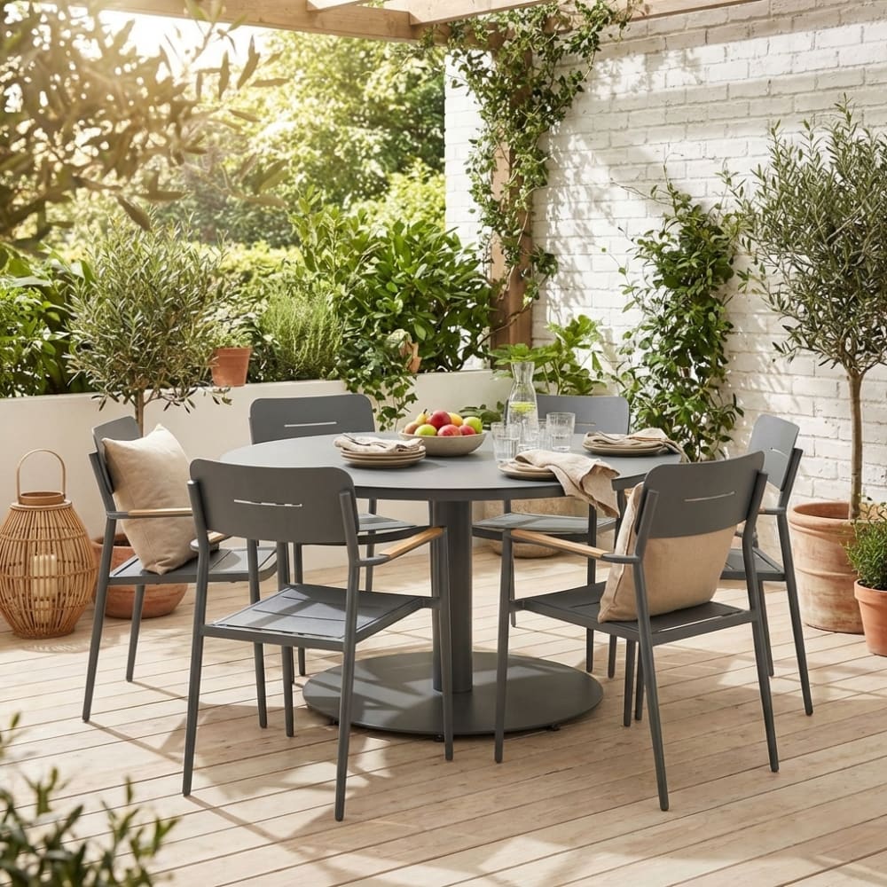 Table de jardin ronde aluminium + 6 assises anthracite