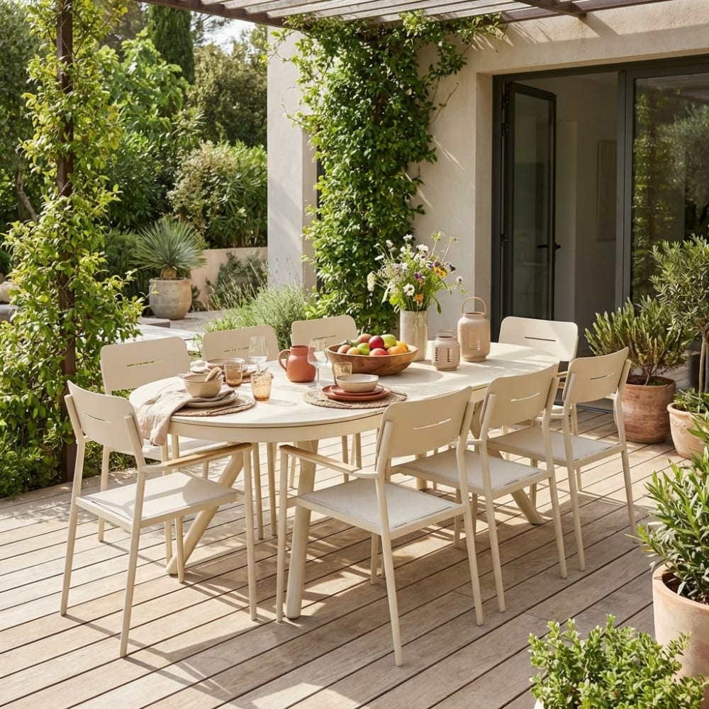 Table de jardin ovale extensible aluminium + 8 assises beige