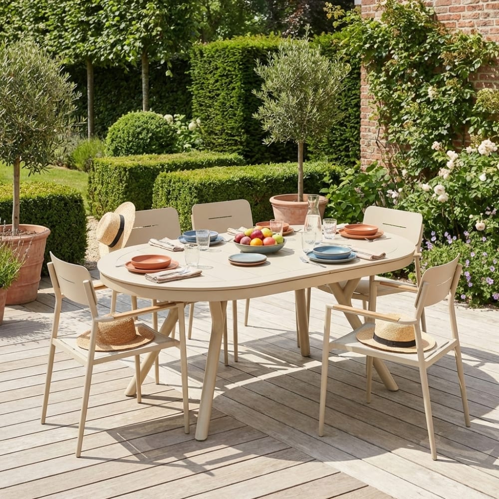 Table de jardin ovale extensible aluminium + 6 assises beige