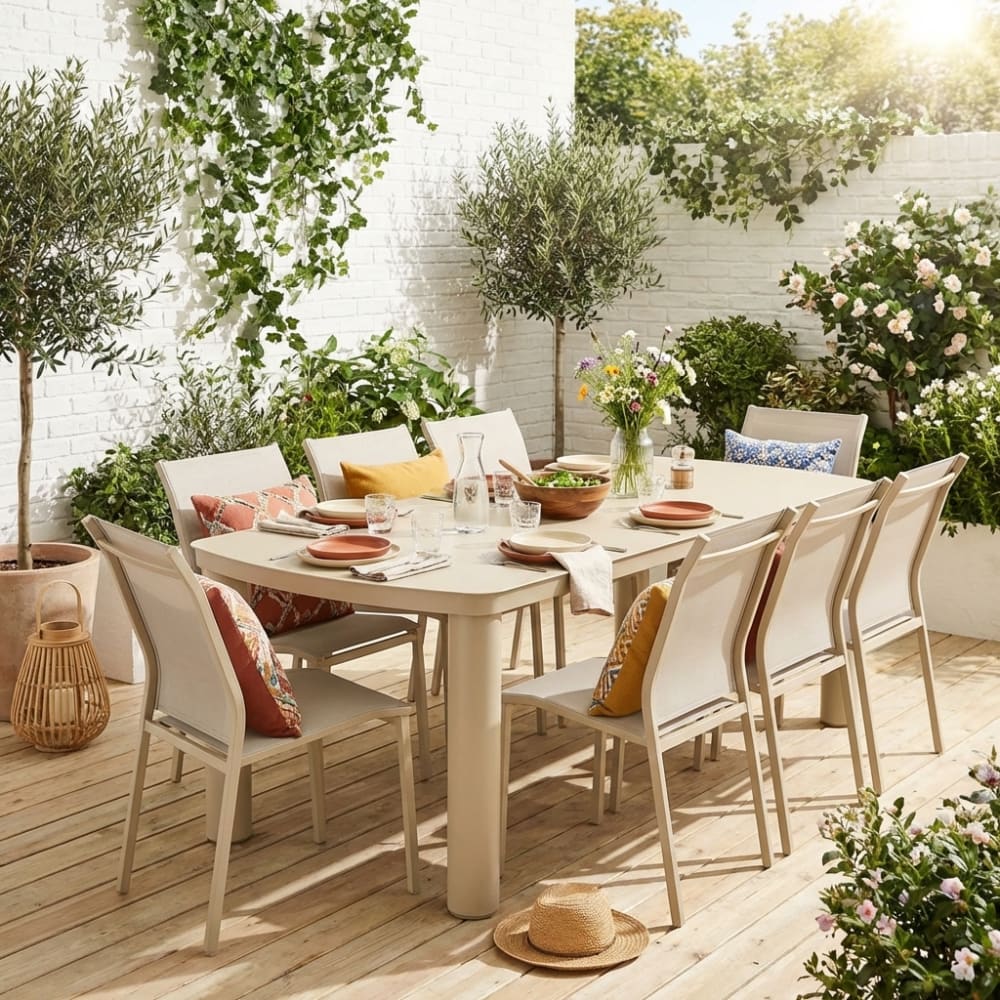 Table de jardin aluminium + 8 assises beige