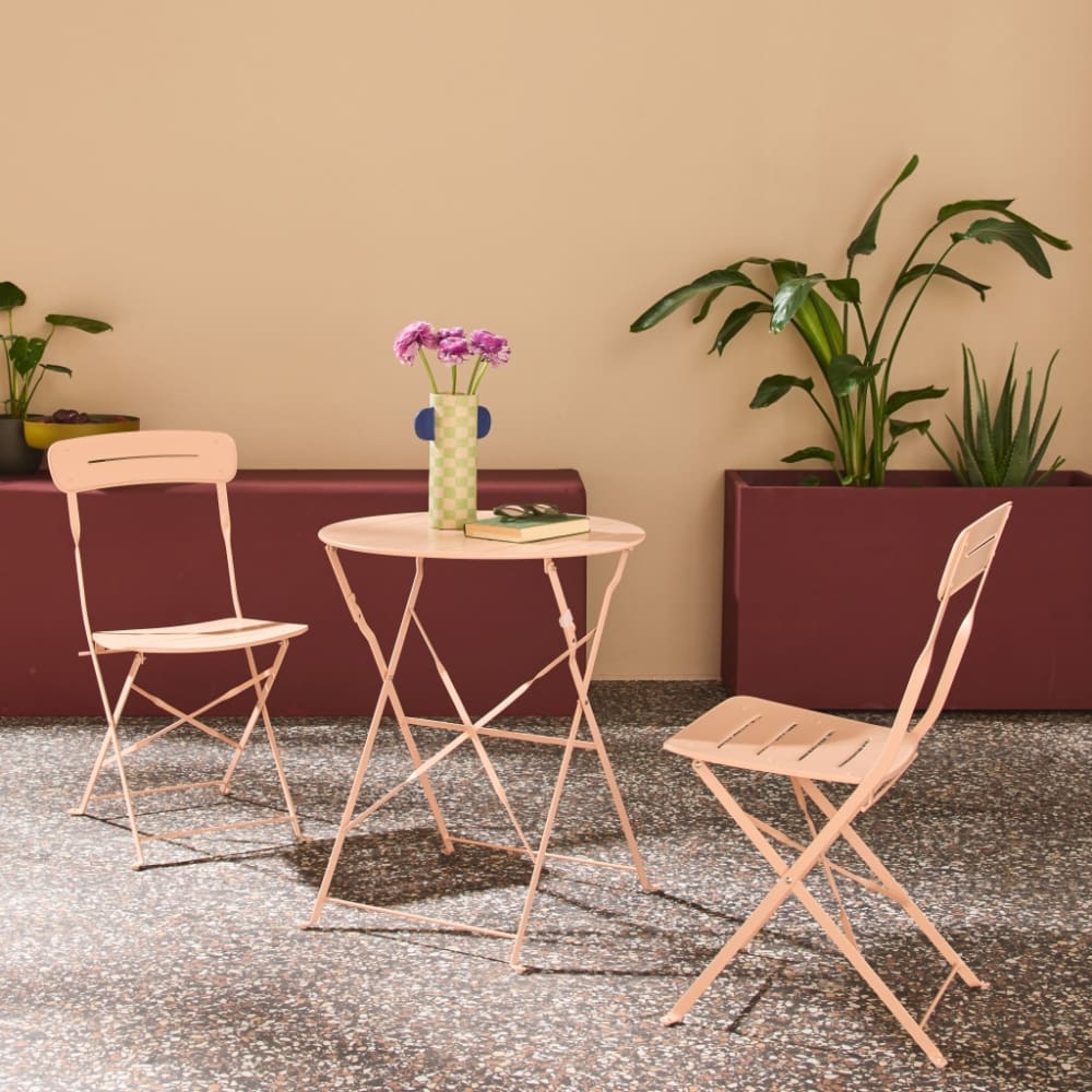 Table de jardin bistrot pliante ronde acier + 2 assises rose