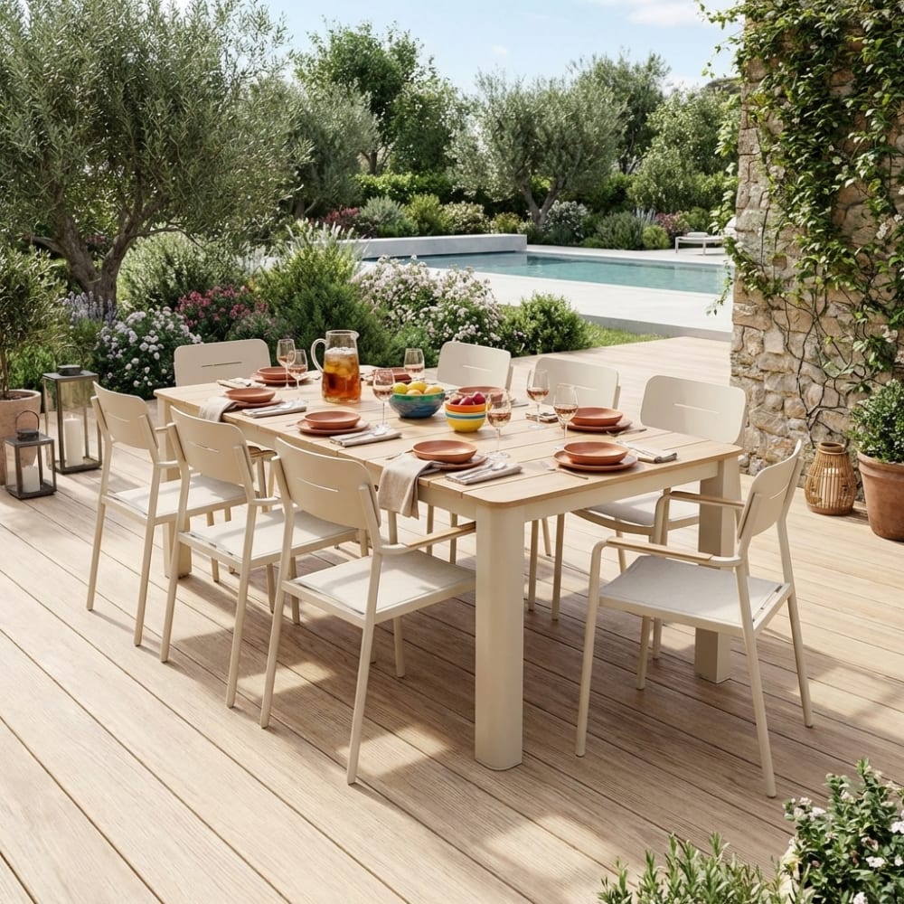 Table de jardin aluminium + 8 assises beige