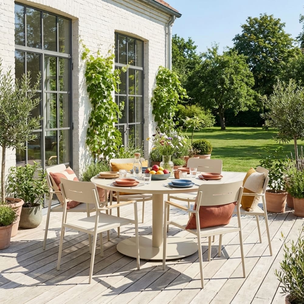 Table de jardin ronde aluminium + 6 assises beige