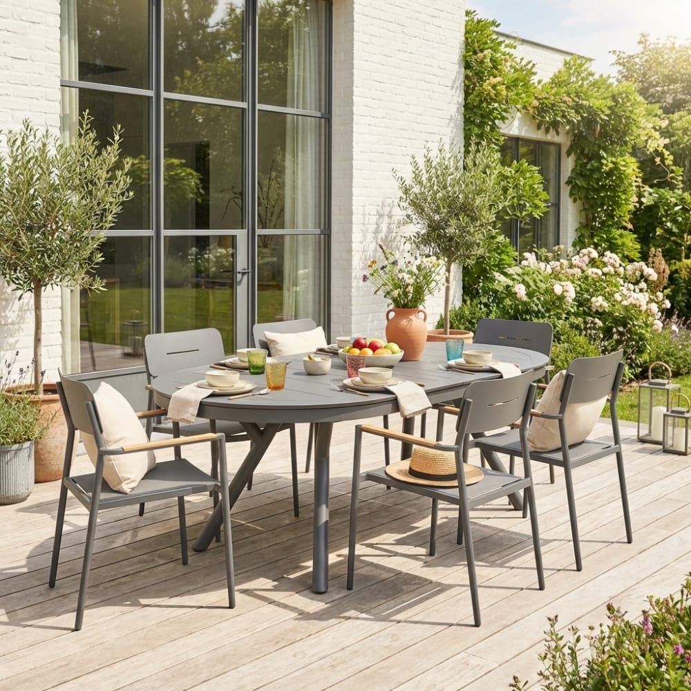 Table de jardin ovale extensible aluminium + 6 assises anthracite