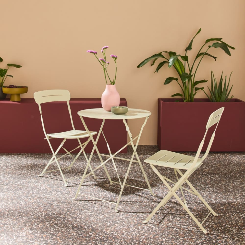 Table de jardin bistrot pliante ronde acier + 2 assises vert