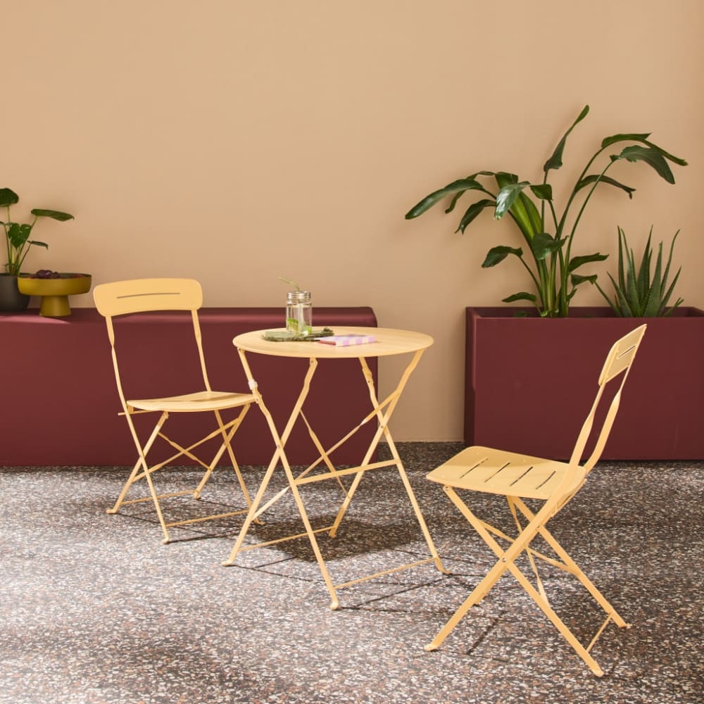 Table de jardin bistrot pliante ronde acier + 2 assises abricot