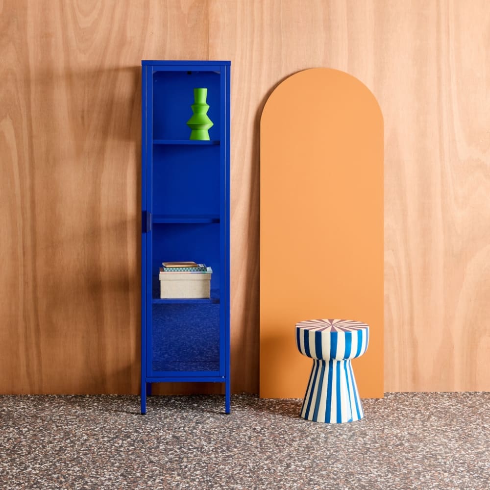 sweeek Schrank aus Stahl und Glas, 1 Tür, 160 cm, blau style industrial - Stahl