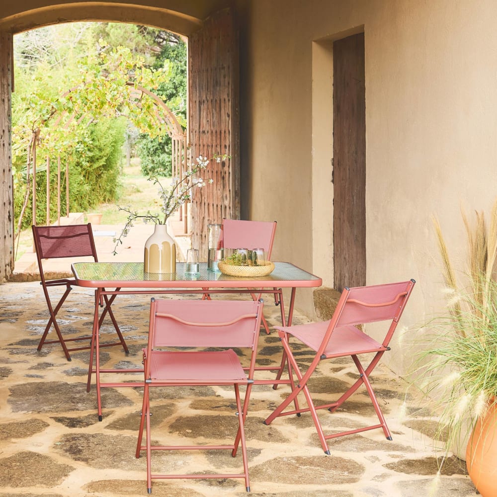 Table de jardin pliante acier + 4 assises terracotta