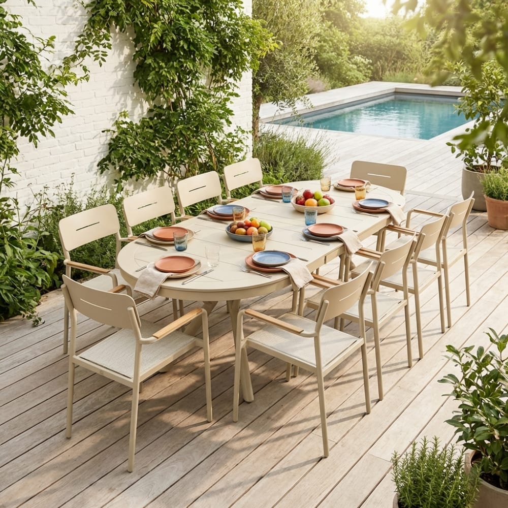 Table de jardin ovale extensible aluminium + 10 assises beige