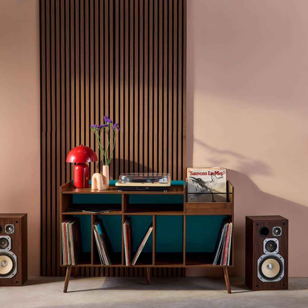 Meuble vinyle vintage bicolore décor bois et bleu 130cm