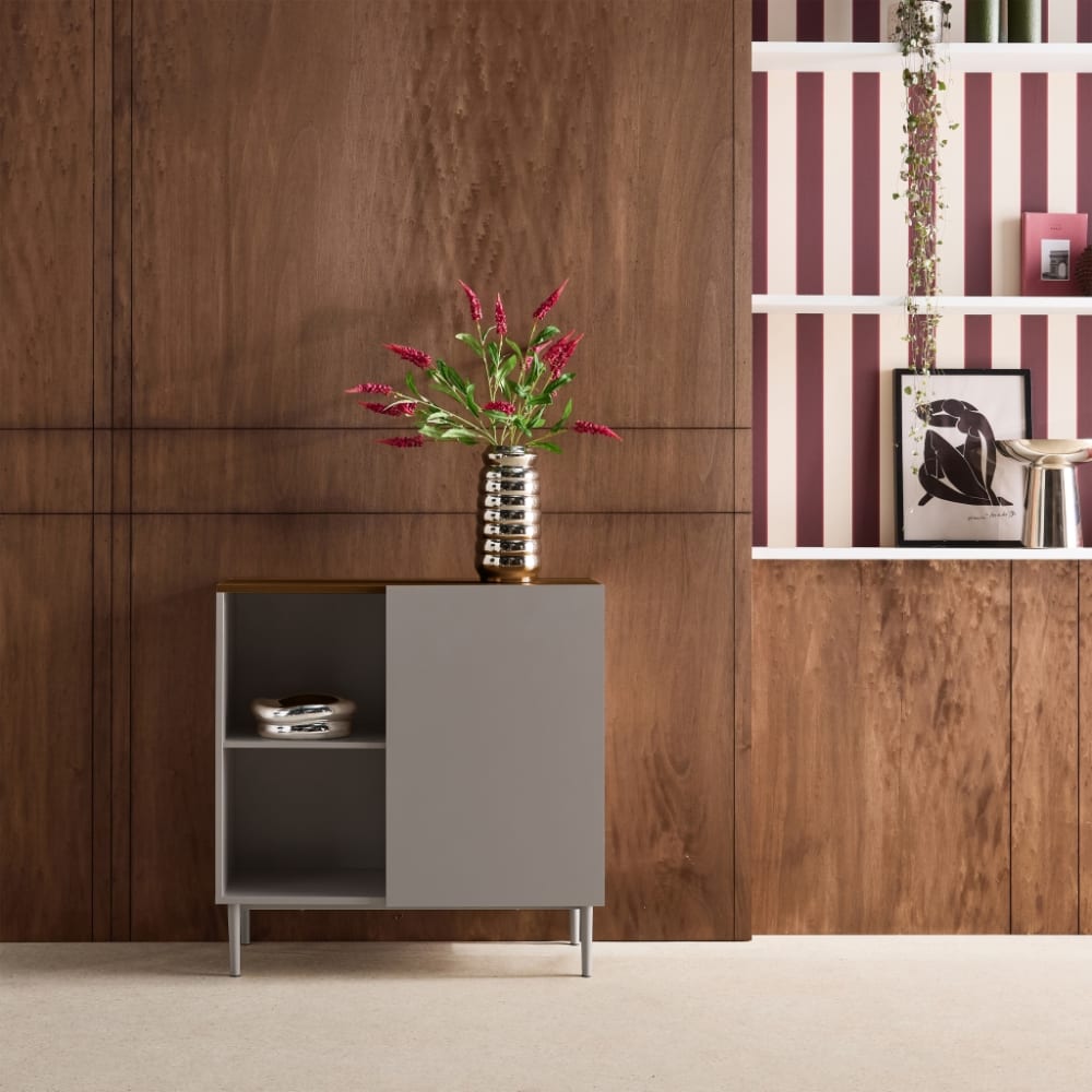 sweeek Anrichte, Sideboard aus Metall mit Holzdekor grau und nussbaumfarben style modern - Metall