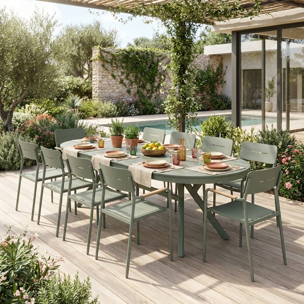 Table de jardin ovale extensible + 10 assises kaki