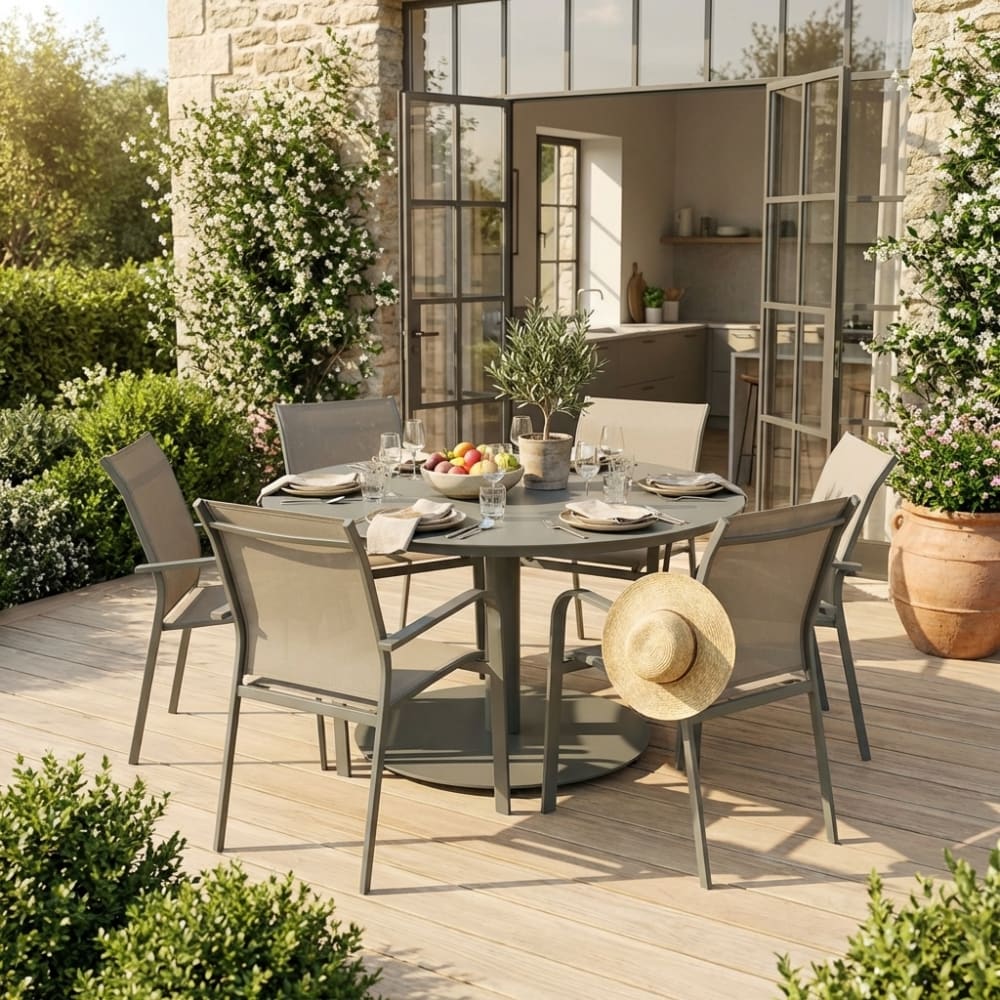 Table de jardin ronde aluminium + 6 assises kaki