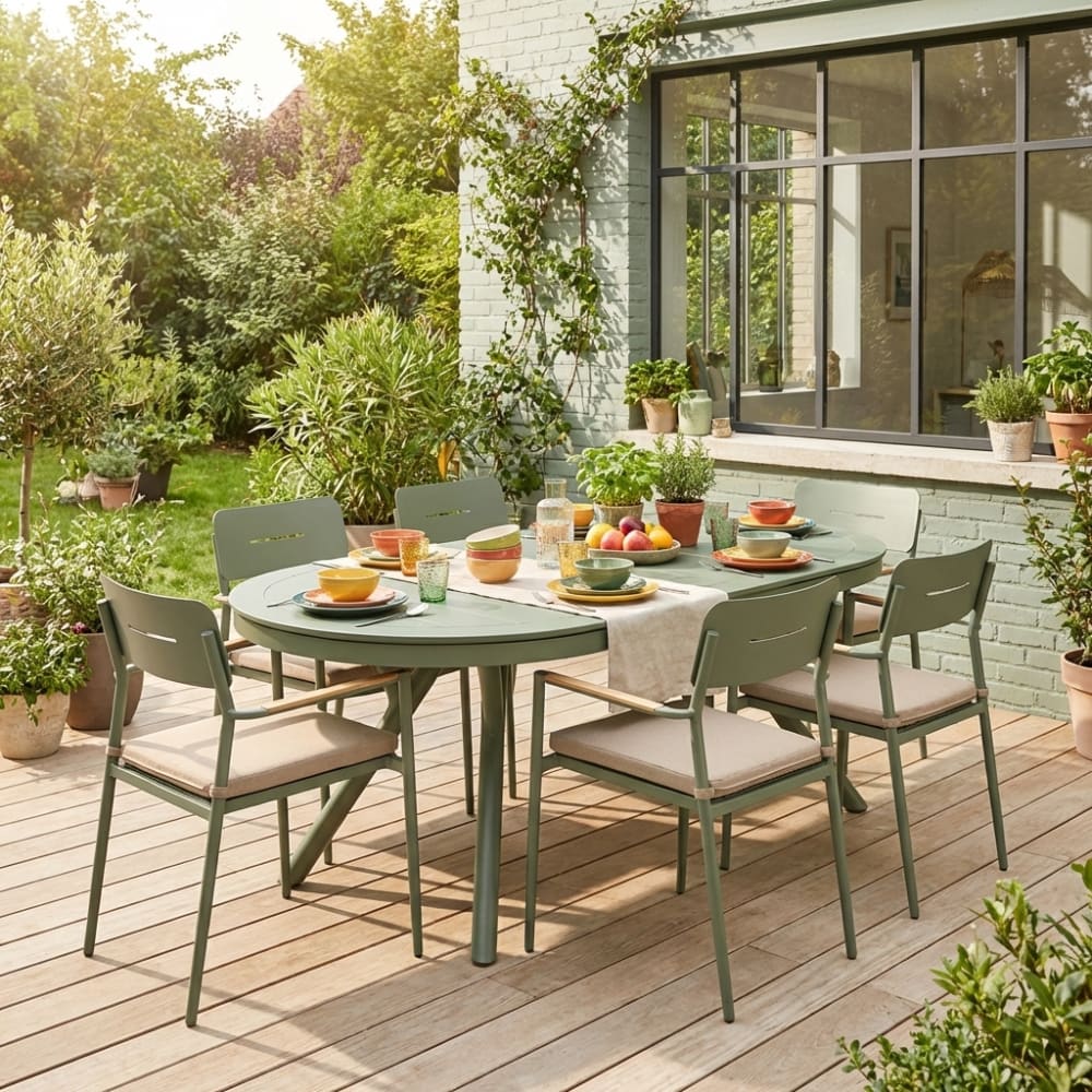 Table de jardin ovale extensible + 6 assises kaki