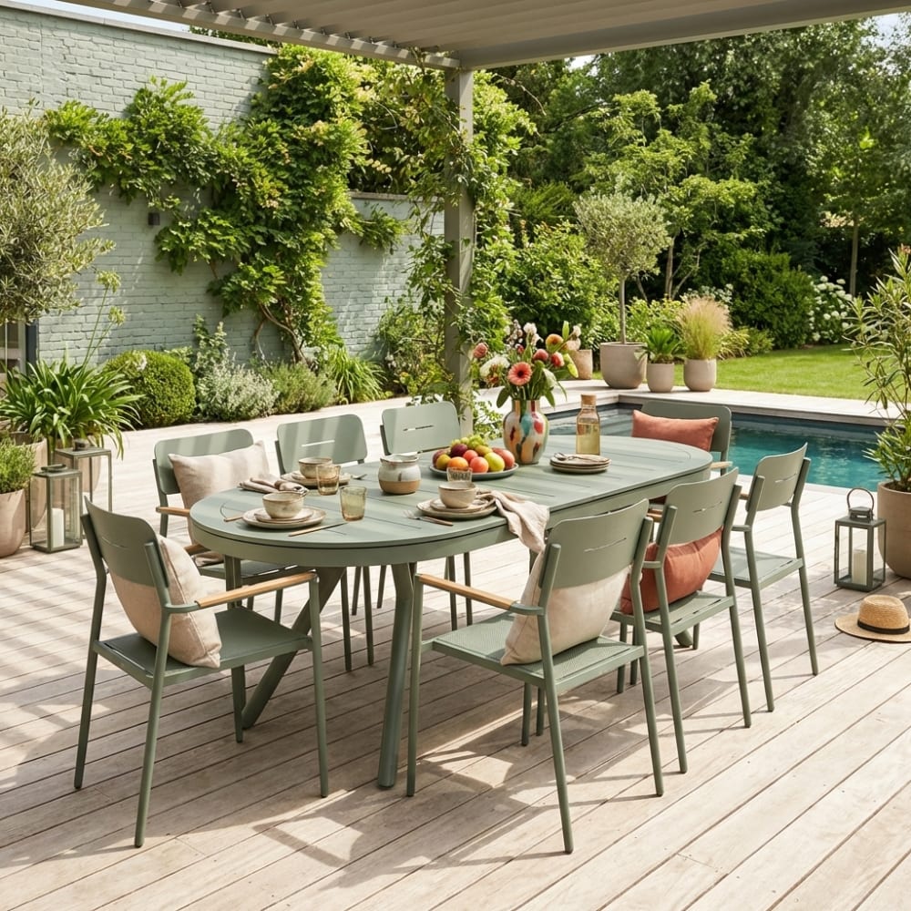 Table de jardin ovale extensible + 8 assises kaki